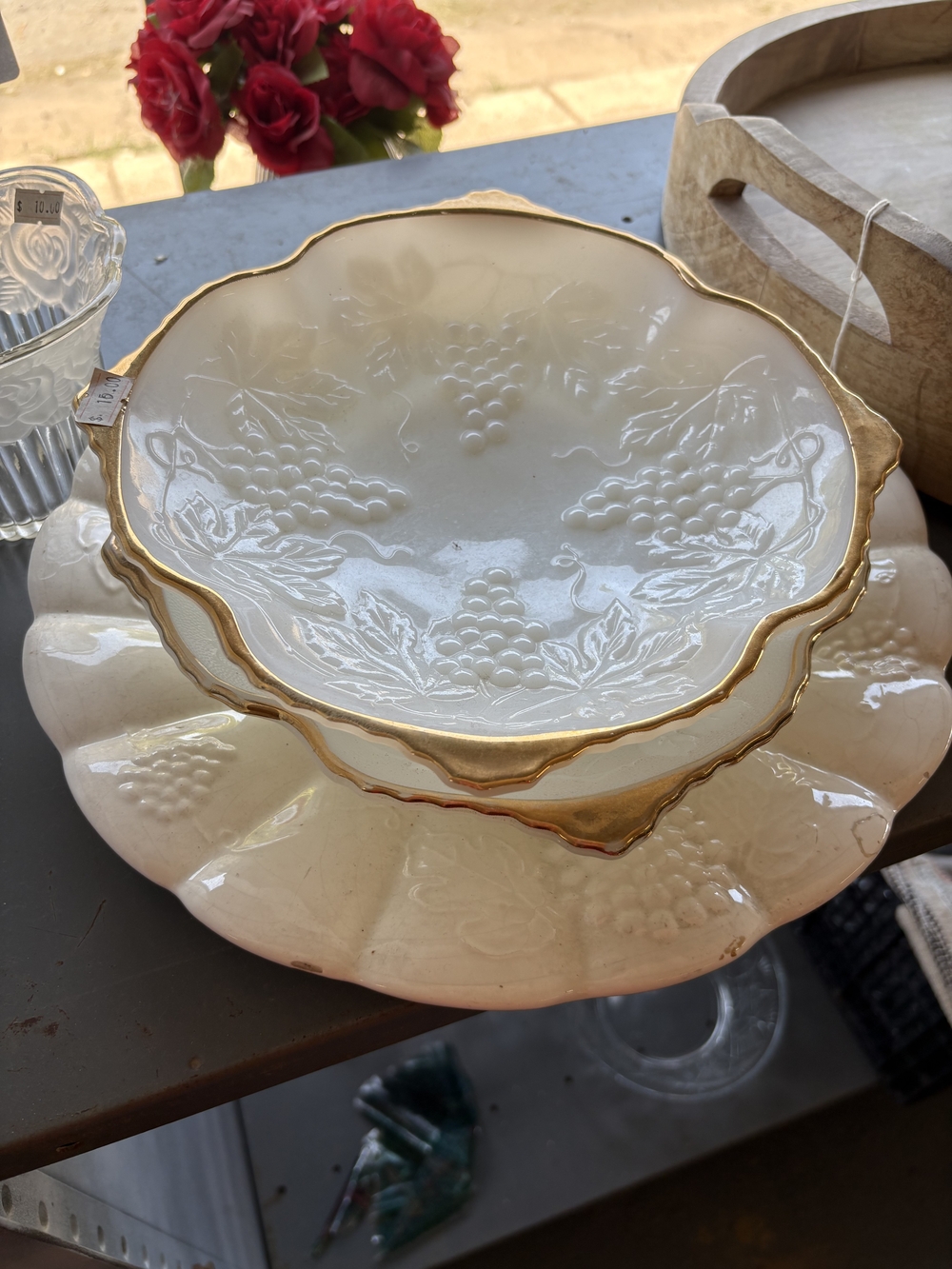 Vintage White Ceramic Serving Bowls with Gold Trim - Set of 2